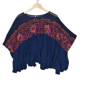 Free People Navy Embroidered Poncho Top XS Boho Boxy Festival Gauze Blouse